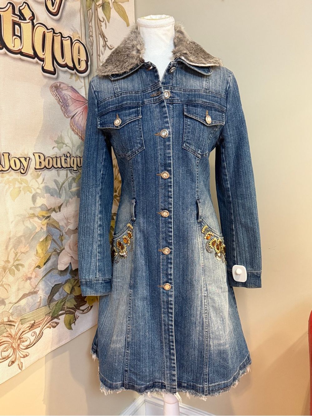 Embroidered Blue Denim Coat Dress with Rabbit Fur Collar